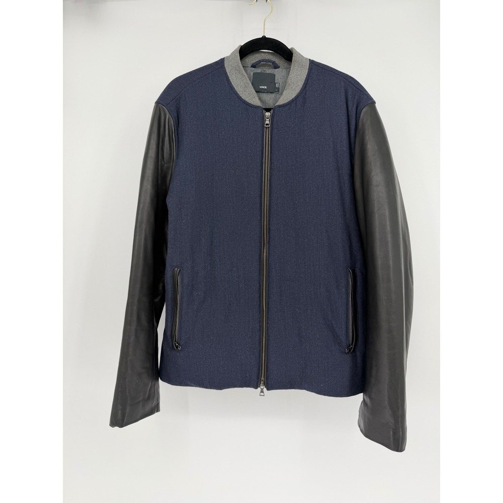 Vince Mens Navy Blue Wool Blend Black Leather Sleeve Bomber Jacket Large